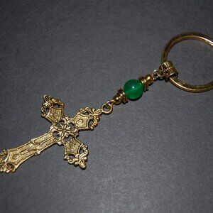 Cross Keychain,Golden Cross Keyring,Jade Bead,Gift,Birthday,Party